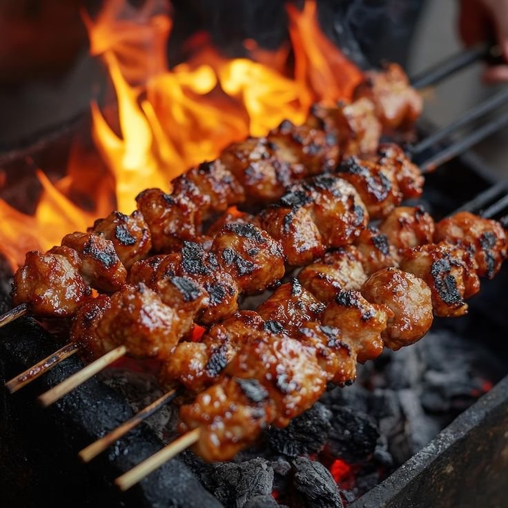 CHURRASCO DE PORCO, FRANGO  E CORAÇÃO